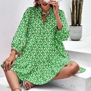 boho Floral Print Tie Neck Smock Dress - green